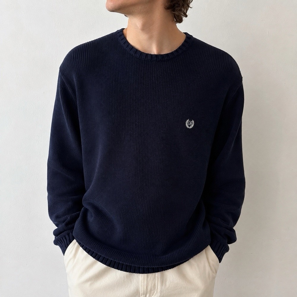 Chaps Navy Cotton Knit Crewneck Sweater M Crest Logo Classic Fisherman Textured